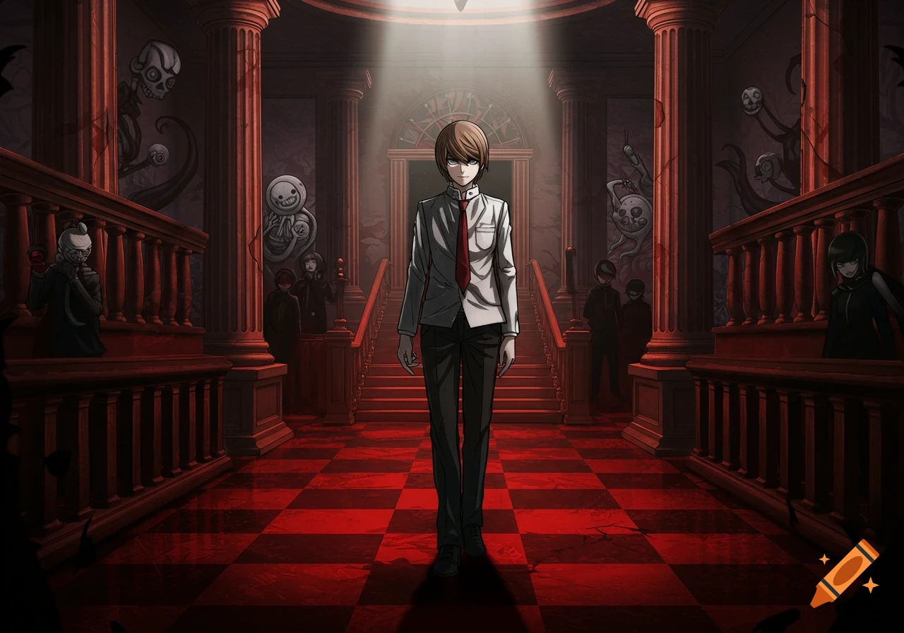 Anime man in a white shirt and red tie stands in a dark, red-checkered hall with pillars and eerie skeletal wall decor, illuminated by a spotlight.