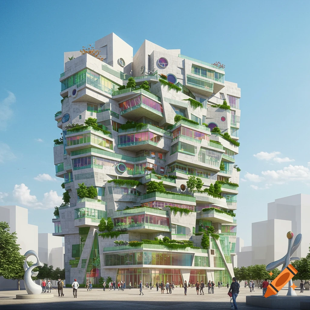A photorealistic rendering of a unique, multi-level postmodern building with green balconies and colorful windows in an urban plaza with people.
