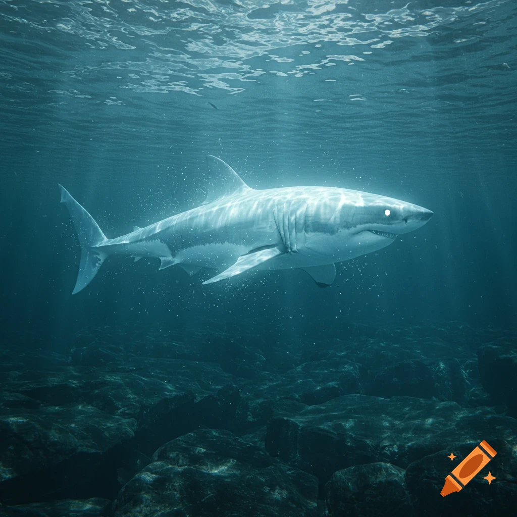 A glowing great white shark swims through deep blue water above a rocky ocean floor, with light rays filtering from above.