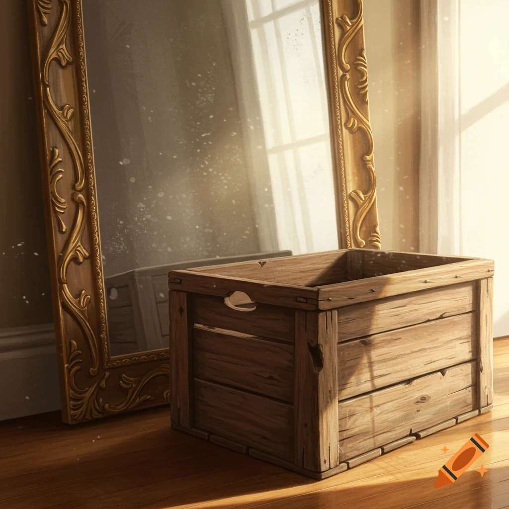 An old wooden crate sits on a wooden floor in front of a tall, ornate gold mirror, bathed in sunlight.