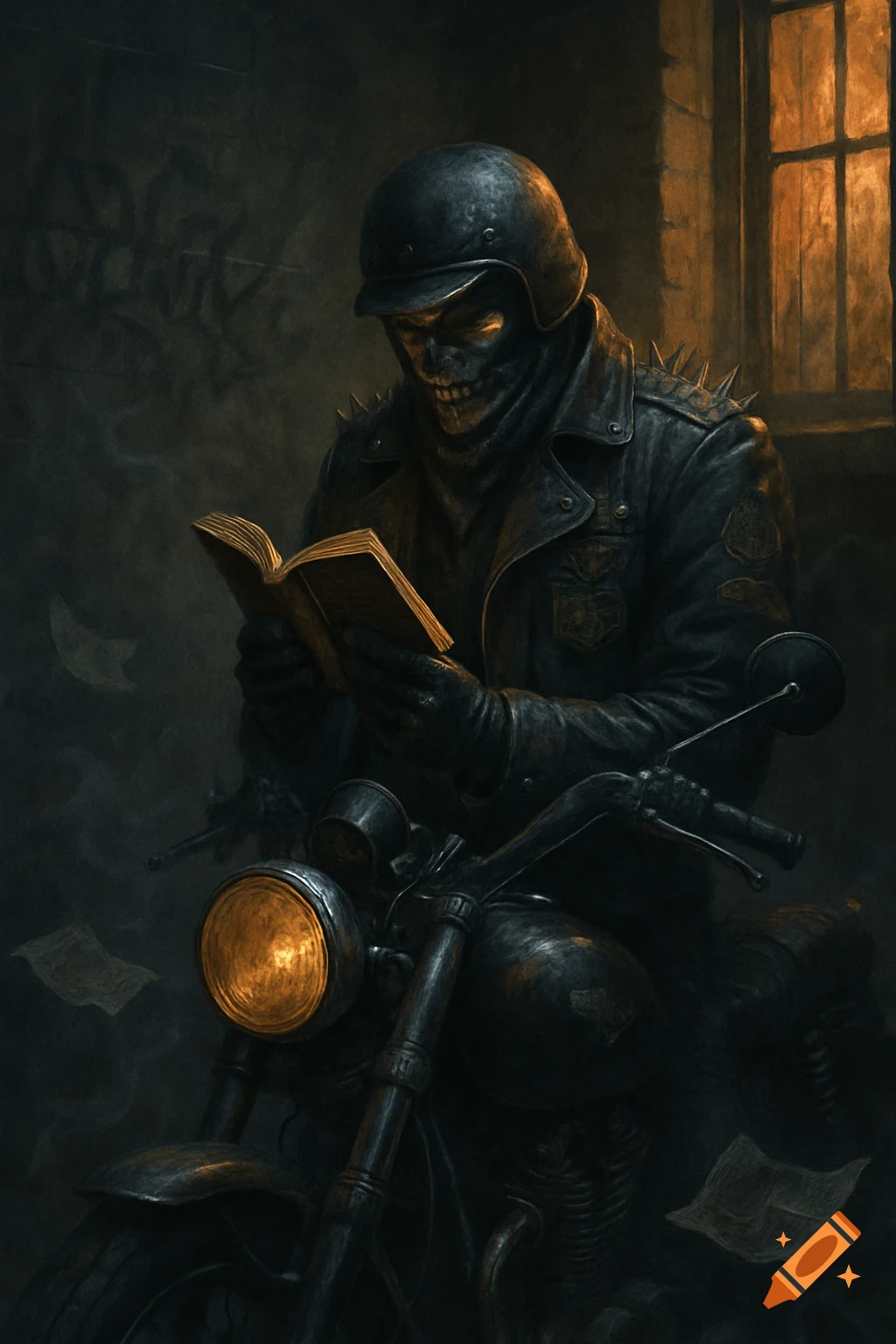 A skeleton biker wearing a helmet and leather jacket sits on a motorcycle, reading a book in a dimly lit, grungy room with a window.
