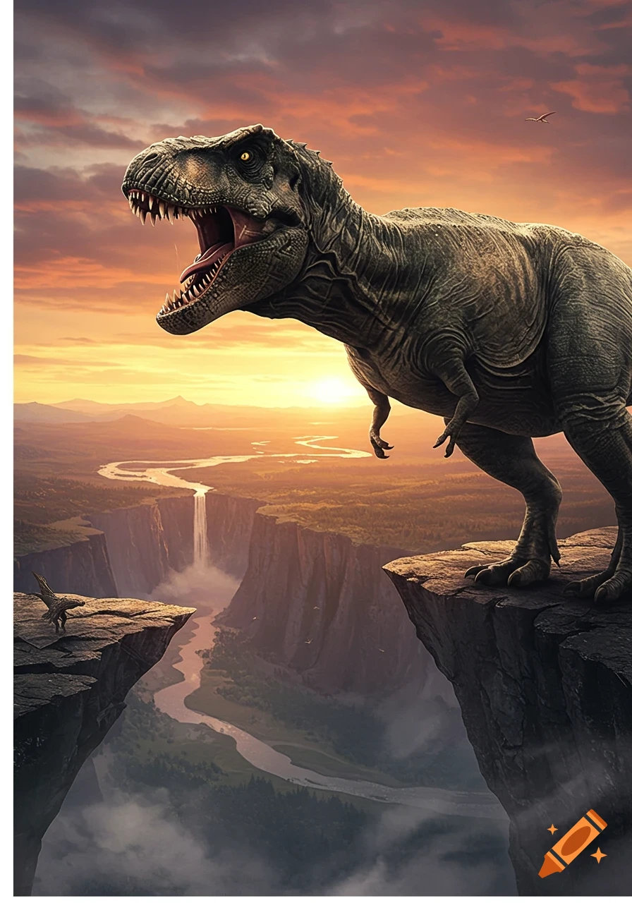 A realistic Tyrannosaurus Rex roars on a cliff overlooking a grand canyon with a winding river and waterfall at sunset.