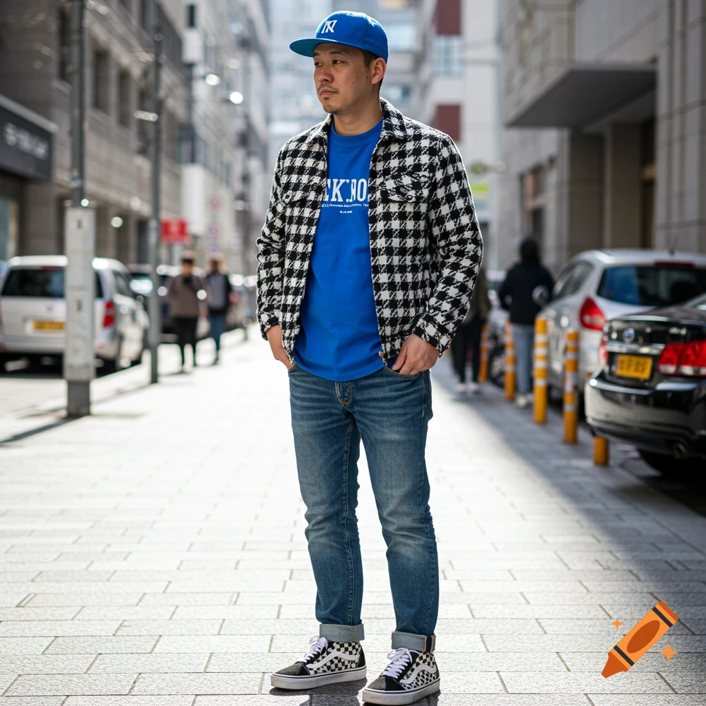 A man wearing a black and white checkered jacket, blue t-shirt and cap, blue jeans, and checkered Vans shoes stands on a city sidewalk.