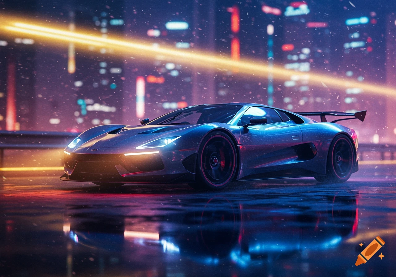 A sleek blue sports car with neon lights reflecting on a wet road at night in a futuristic city.