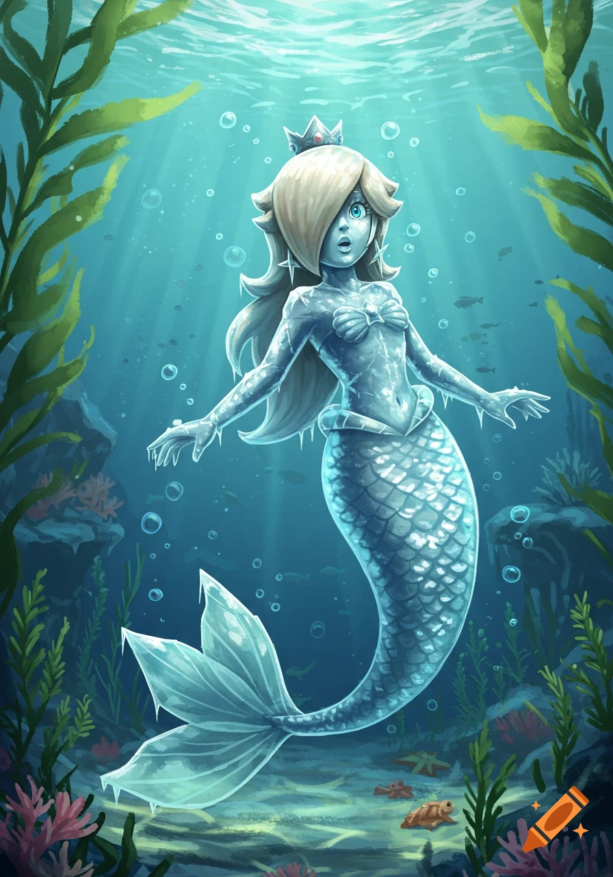 Princess Rosalina as an ice mermaid with a surprised expression underwater, surrounded by seaweed, coral, and small fish.