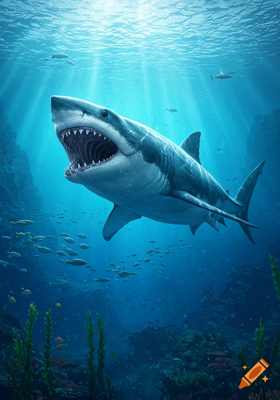 A great white shark with its mouth open swims in clear blue ocean water, surrounded by smaller fish and sun rays.