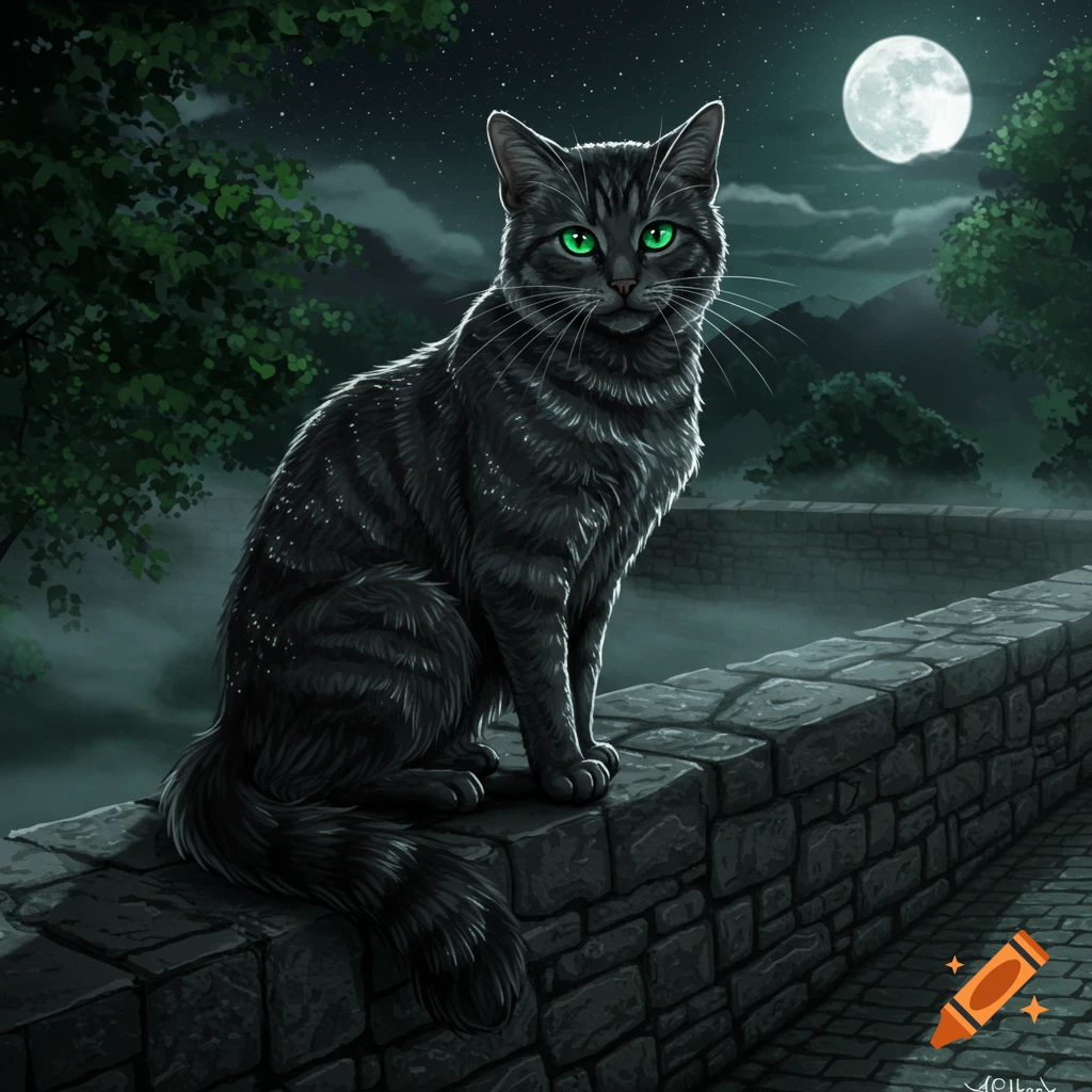 A sleek black cat with vibrant green eyes sits majestically on a stone wall under a full moon in a nighttime illustration.
