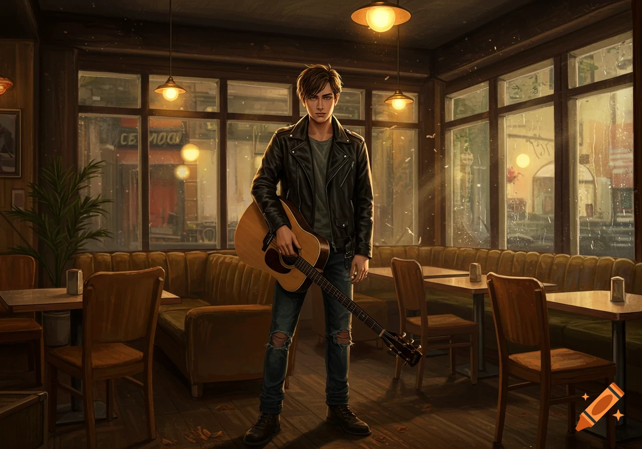 A young man in a leather jacket stands holding an acoustic guitar inside a cozy cafe with large windows.