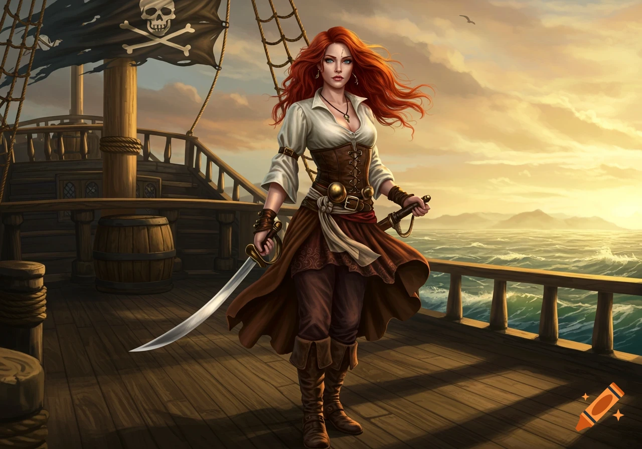 A red-haired female pirate stands on a ship's deck at sunset, holding two swords, looking over the ocean.