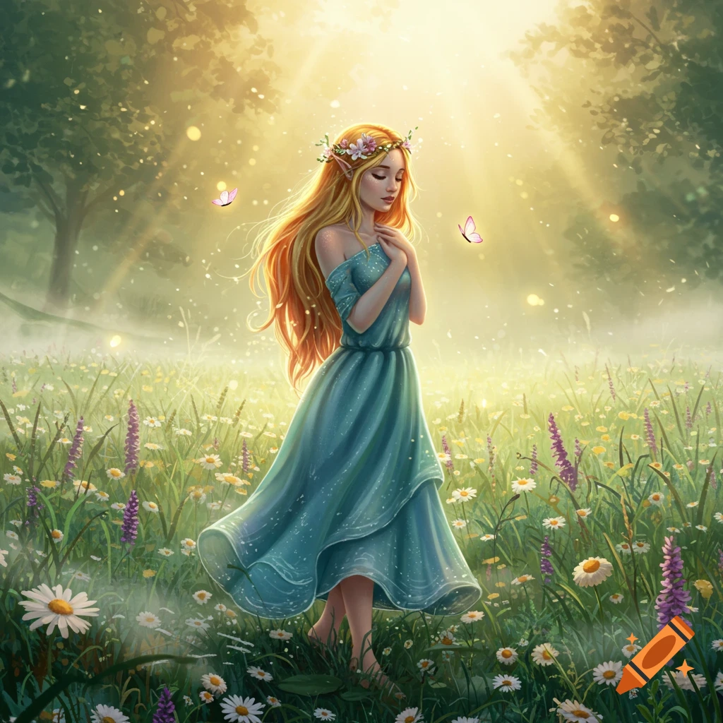 An elf-like woman with long blonde hair and a flower crown stands in a sunny field of wildflowers, hands clasped, in a digital illustration.