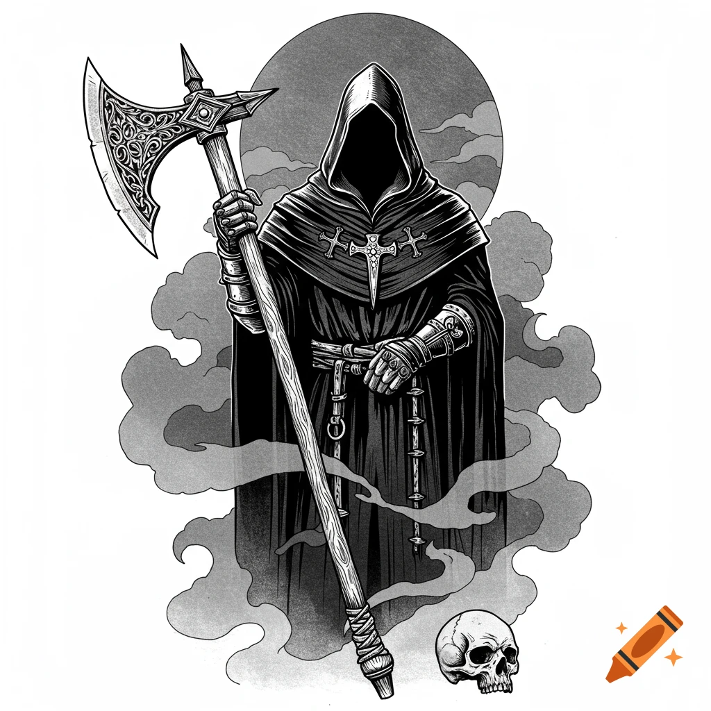 A black and white tattoo-style illustration of a hooded executioner holding a large axe, with a skull at their feet.