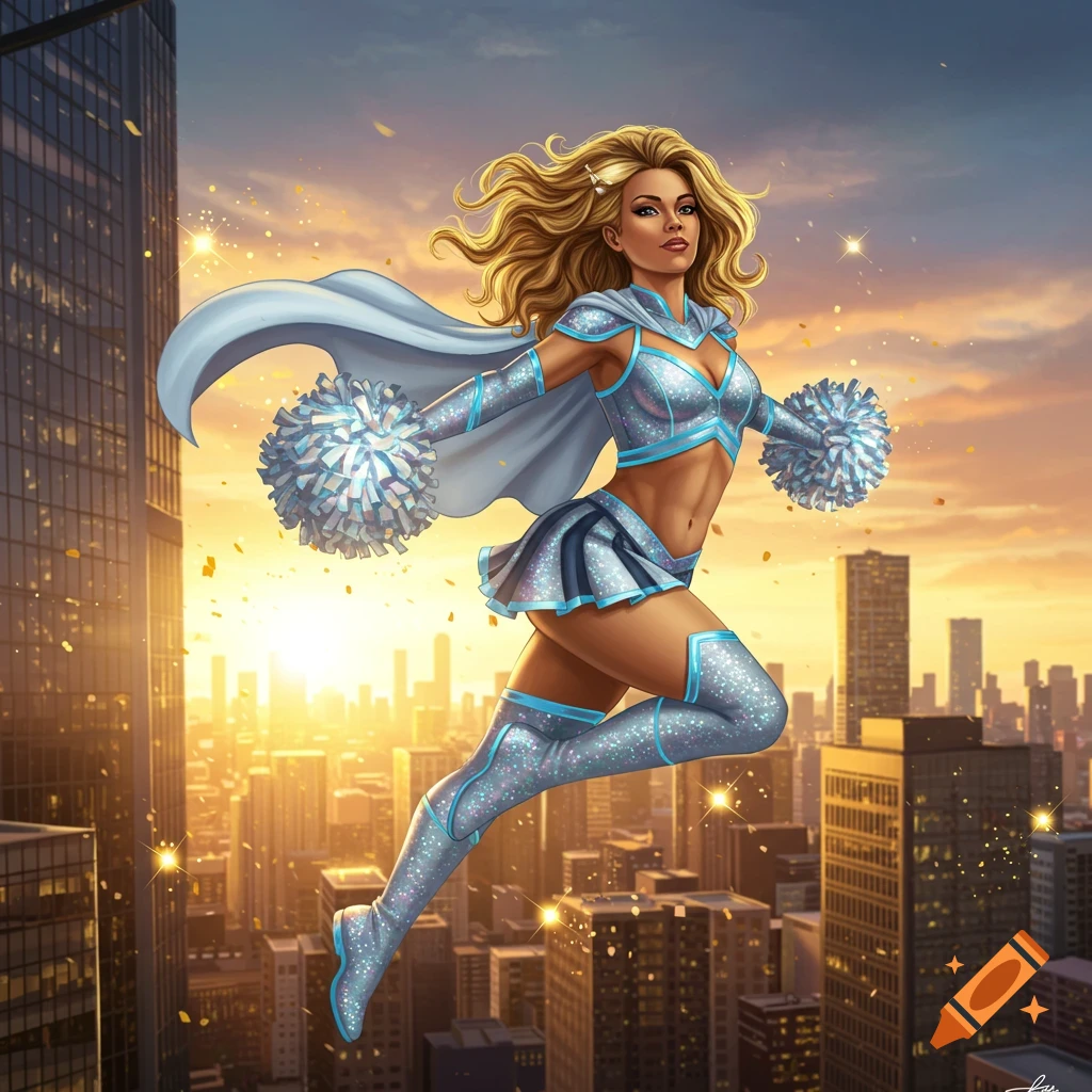 A female superhero in a sparkling blue and silver cheerleader uniform with a cape, flying above a city skyline at sunset in a comic art style.