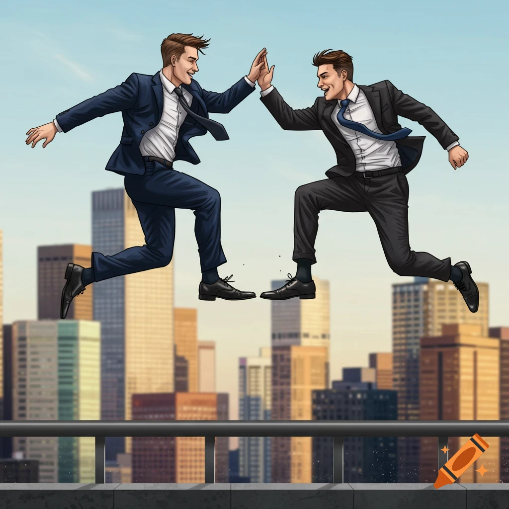Two men in business suits jump high-fiving with their feet above a city skyline in an illustrative style.