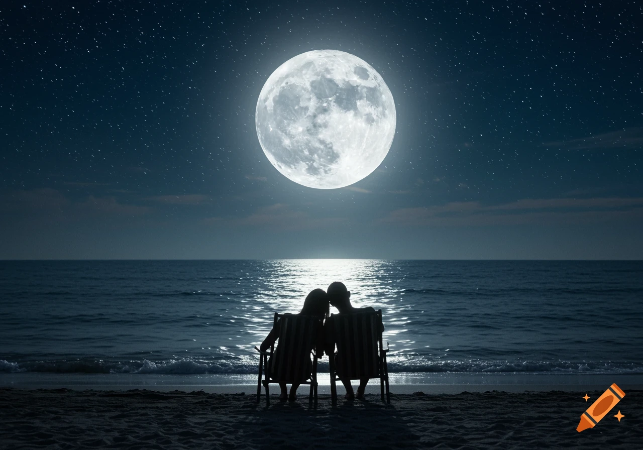 A couple sits on beach chairs by the ocean at night, silhouetted against a huge full moon reflecting on the water under a starry sky.