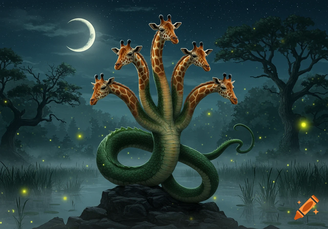 A five-headed giraffe hydra with a green scaled body stands on rocks in a misty, moonlit forest with glowing fireflies.