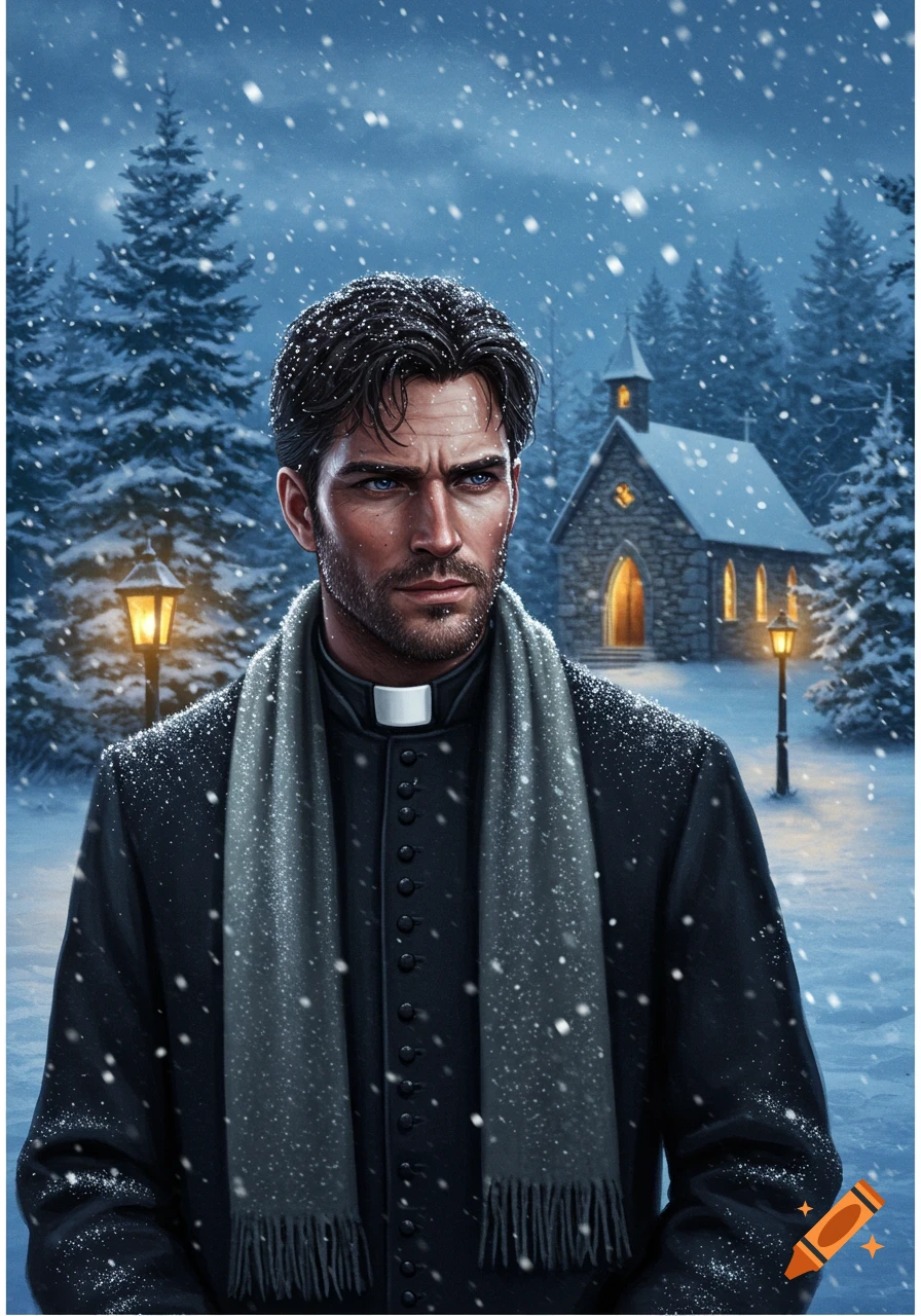 An illustrated man dressed as a priest in a black cassock and grey scarf stands in a snowy forest with a stone church in the background as snow falls.