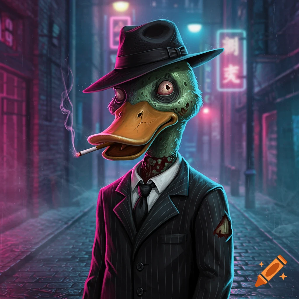A zombie duck wearing a pinstripe suit and fedora, smoking a cigarette, stands on a neon-lit alleyway.