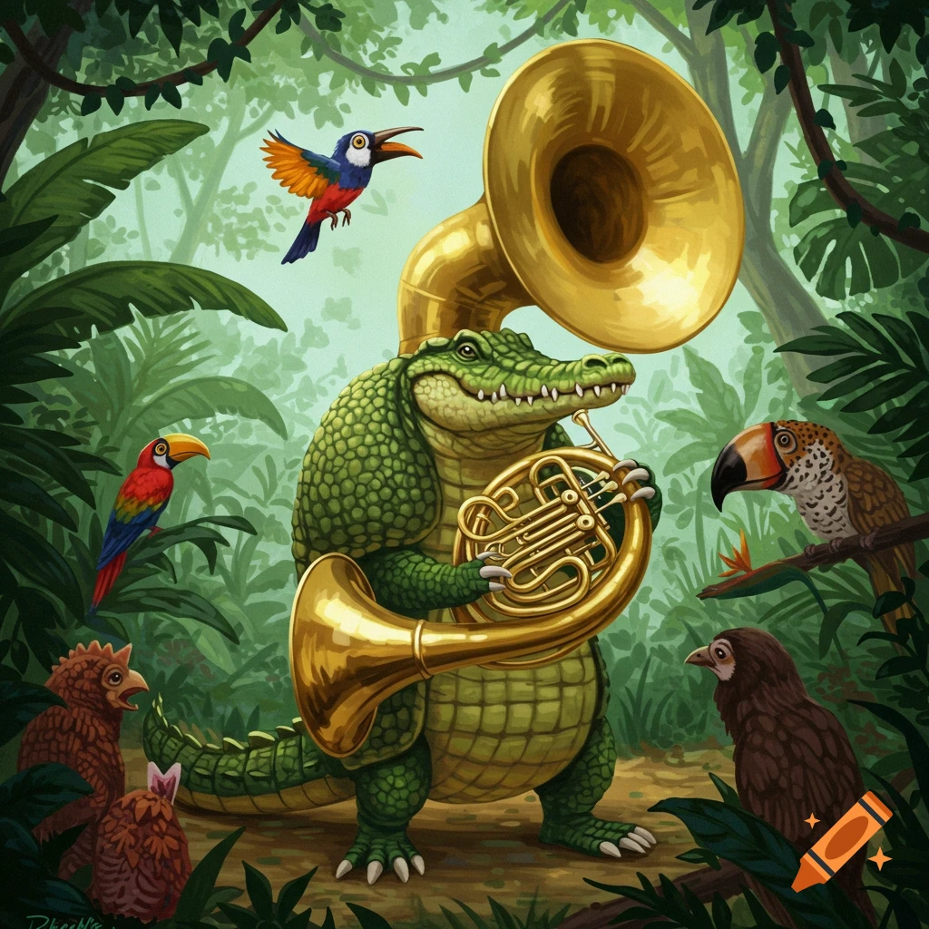 An anthropomorphic alligator plays a golden French horn and a large golden tuba in a lush green jungle, surrounded by colorful birds.
