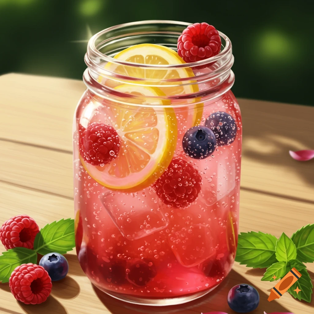 A photorealistic mocktail in a mason jar filled with red liquid, ice, lemon slices, raspberries, and blueberries on a wooden table.