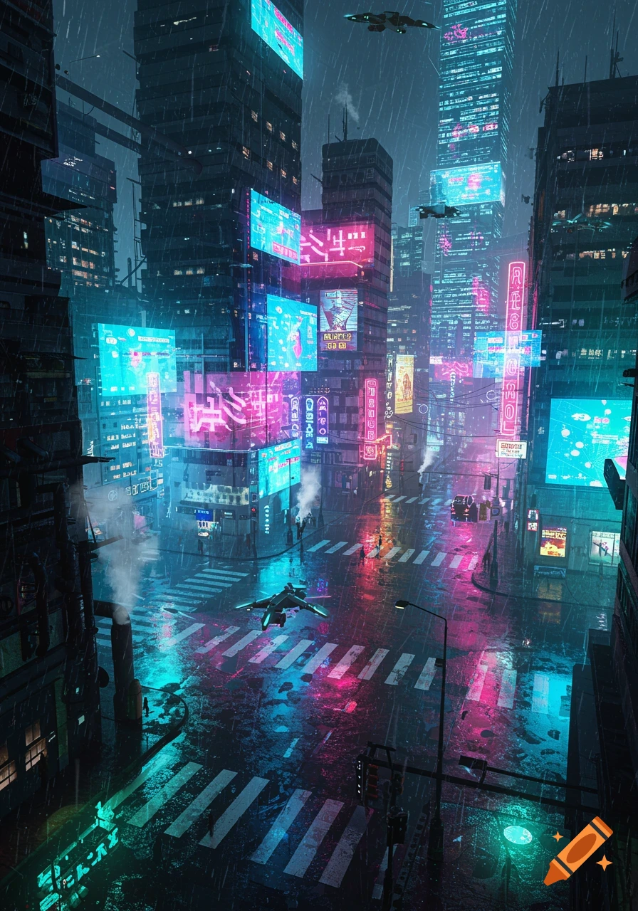 A high-angle view of a neon-lit futuristic city street during heavy rain, with flying vehicles. The wet streets reflect vibrant pink and blue lights.