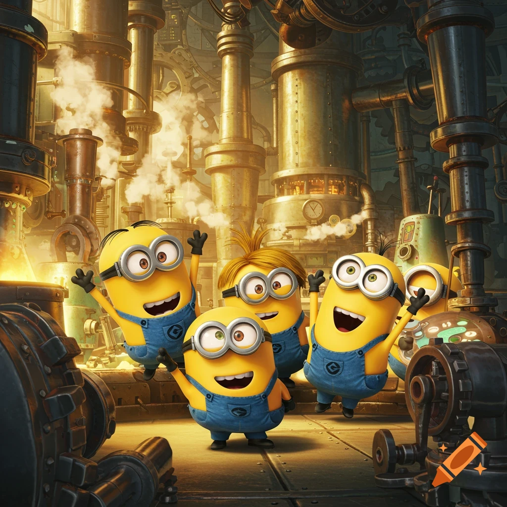Five cheerful Minions wave their hands in a busy, steamy industrial factory setting, rendered in a cartoon style.