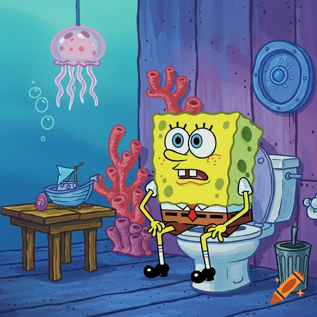 SpongeBob SquarePants sits on a toilet with his pants around his ankles, looking anxious and stressed in his underwater home.