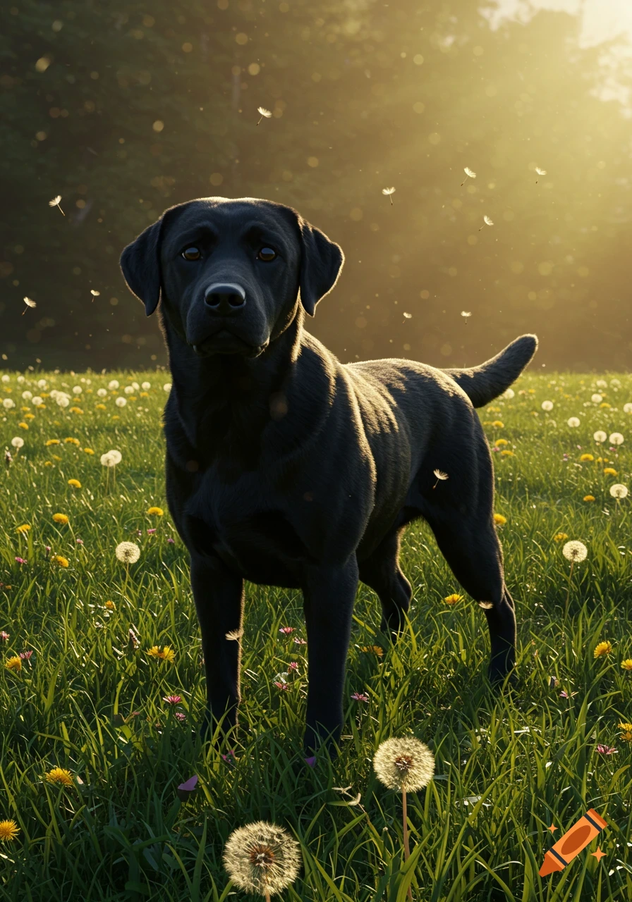 A black Labrador stands in a field of green grass and yellow dandelions, bathed in golden sunlight with dandelion seeds floating.
