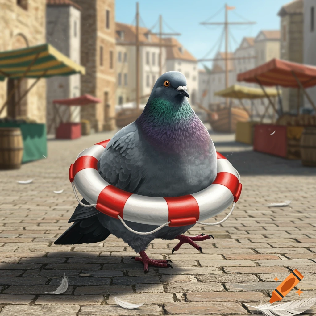 A photorealistic pigeon wearing a red and white life ring around its body stands on a cobblestone street in a sunny marketplace.