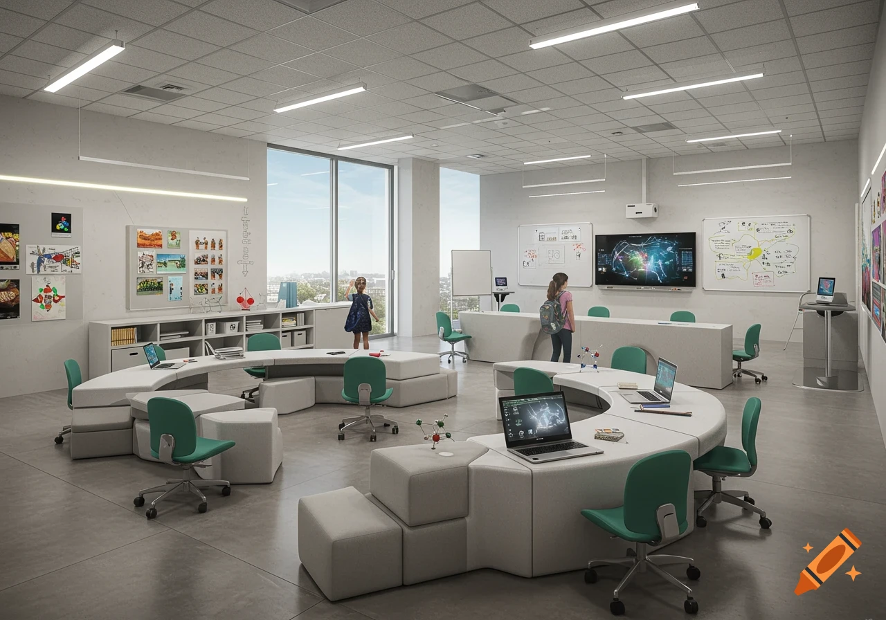 A modern, well-lit classroom with flexible white seating arrangements, green chairs, laptops, and whiteboards. Two children are in the spacious room, one by a large window, the other near a desk with a backpack.