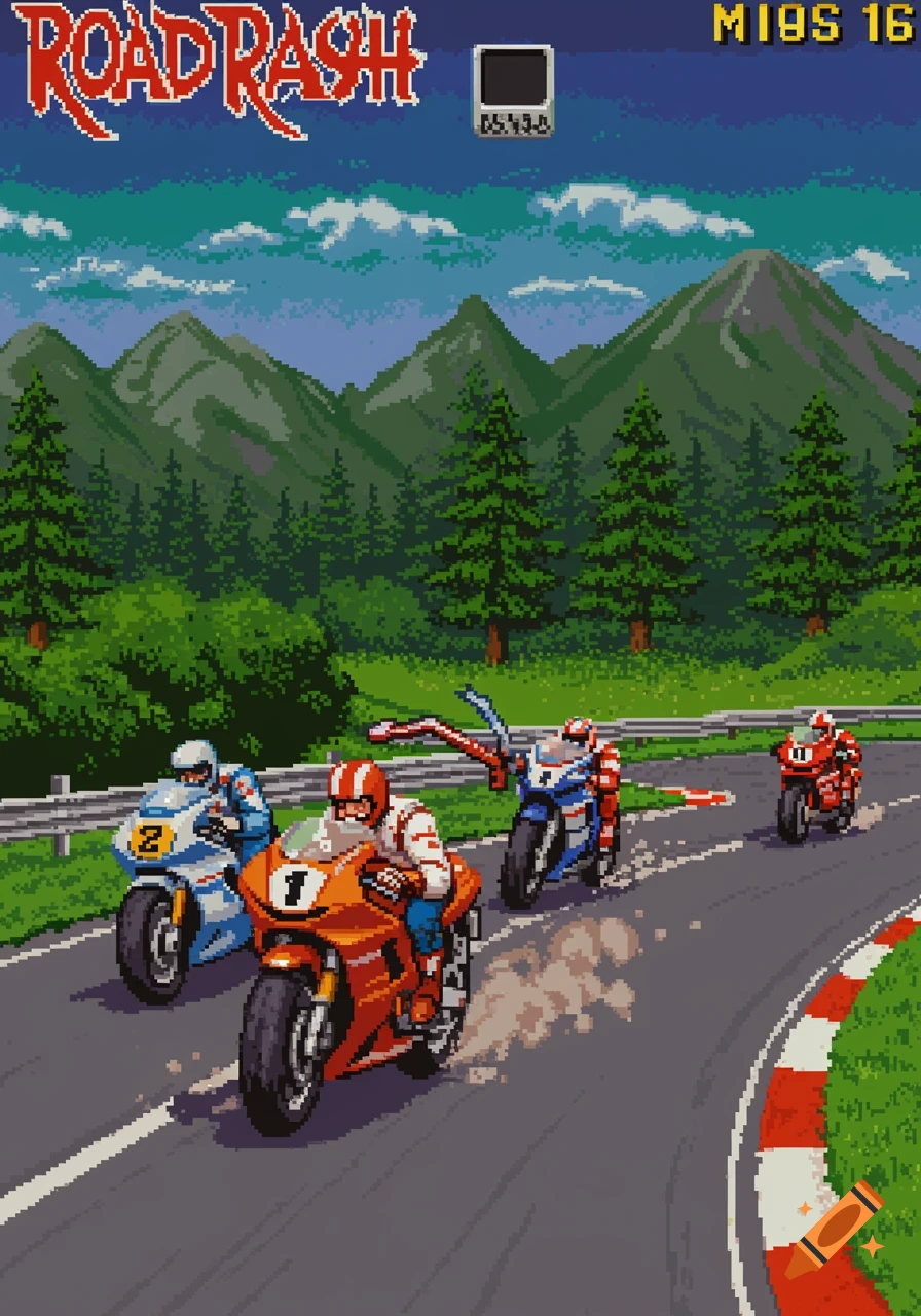 Pixel art of a motorcycle race with four bikers on a winding road, mountains and trees in the background, resembling the game Road Rash.