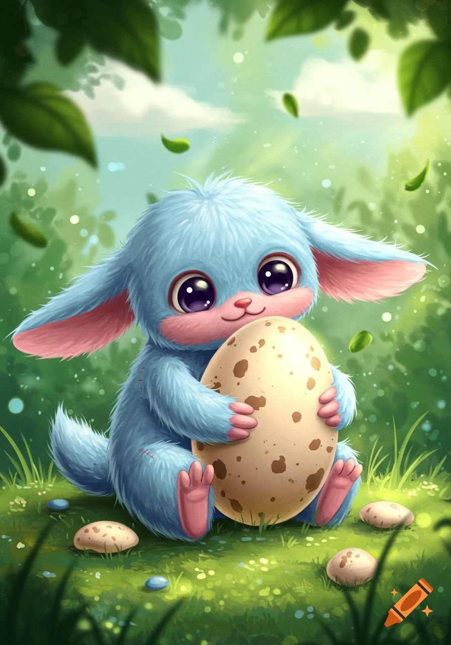 A cute, fluffy blue creature with big eyes hugs a speckled egg in a lush green forest.