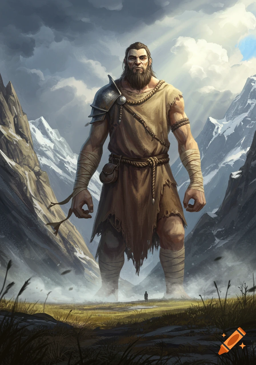 A giant warrior with a beard and cloth armor stands in a valley between snow-capped mountains, with a tiny human figure in the distance.