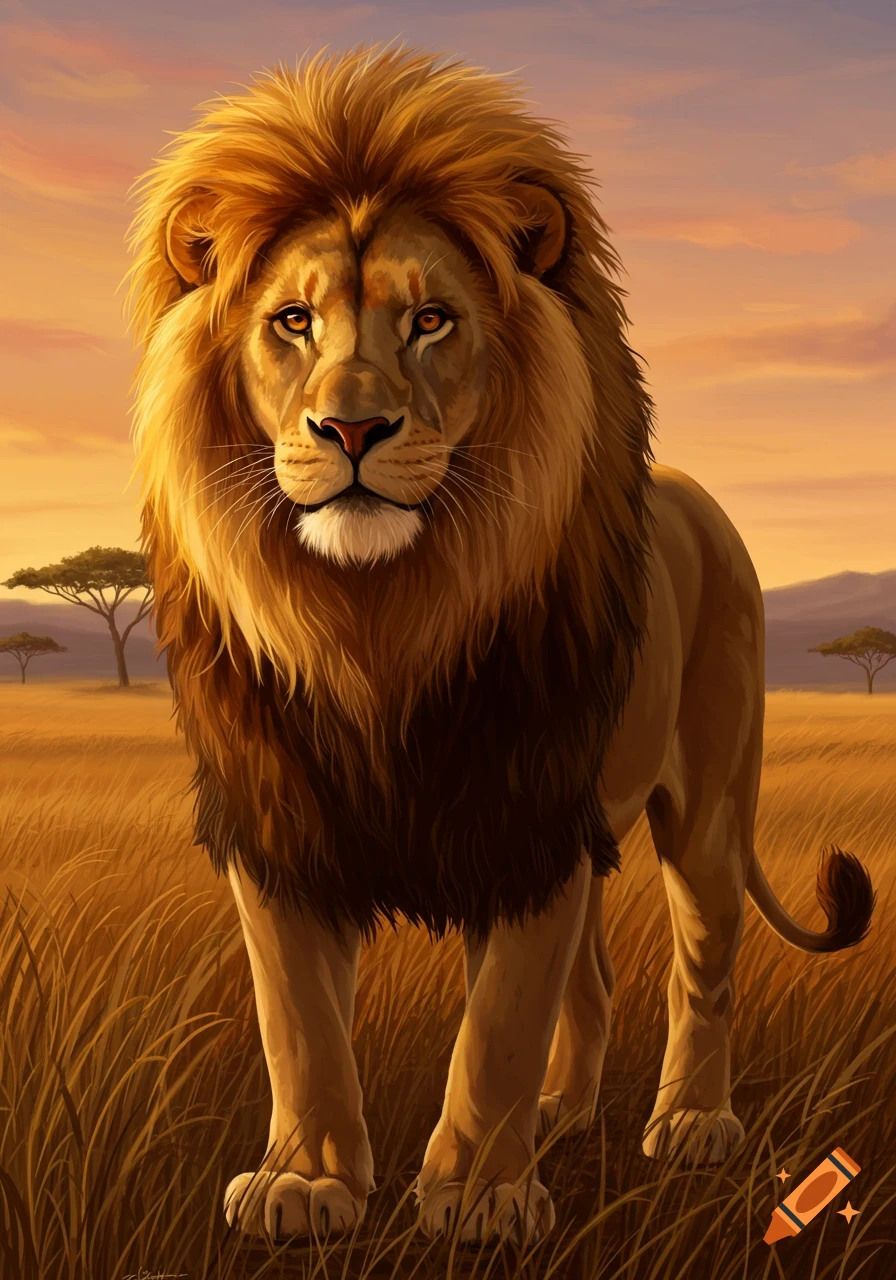 A majestic male lion with a large golden mane stands in a grassy African savanna under a warm, orange sky. Digital painting style.