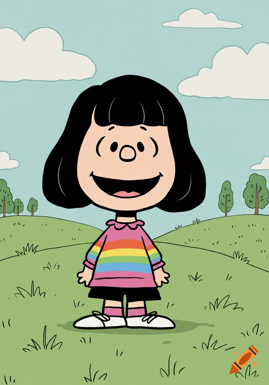 A cartoon girl with black hair and a rainbow striped shirt, in the style of Peanuts, stands in a grassy field under a cloudy sky.