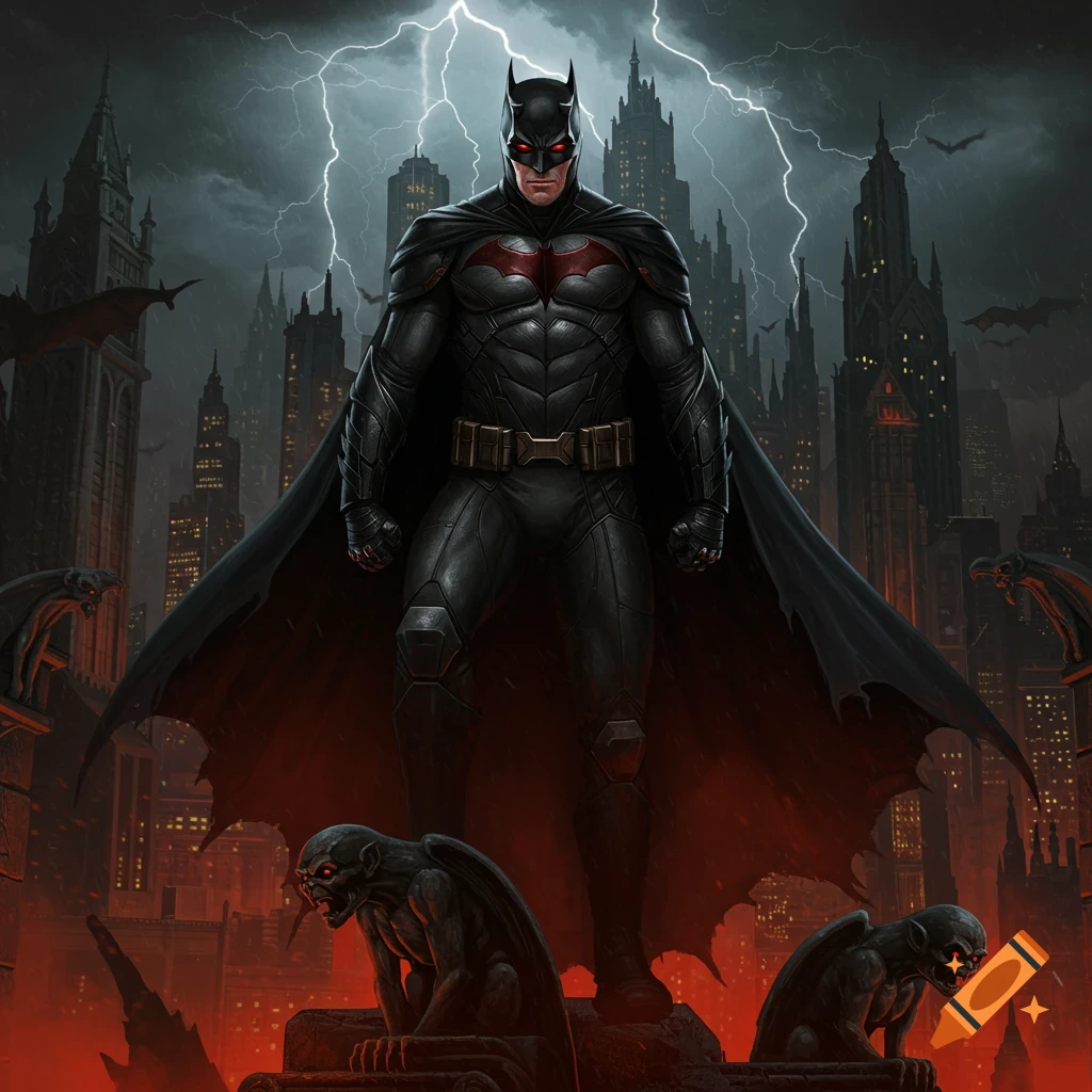 A Batman-like superhero with red eyes stands on a gothic rooftop with gargoyles, lightning illuminating a dark city.