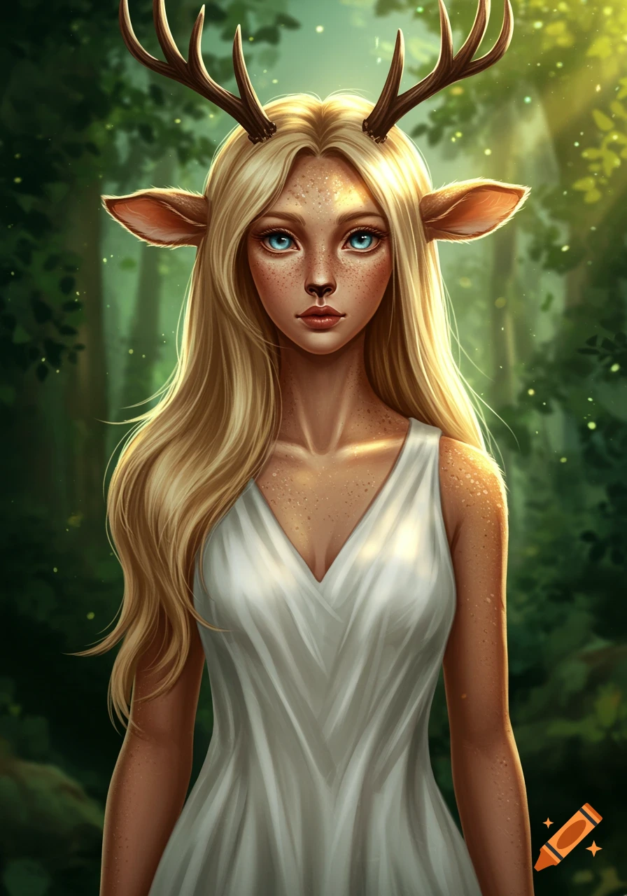 A fantasy portrait of a blonde woman with deer ears and antlers, wearing a white dress, standing in a sunlit forest.
