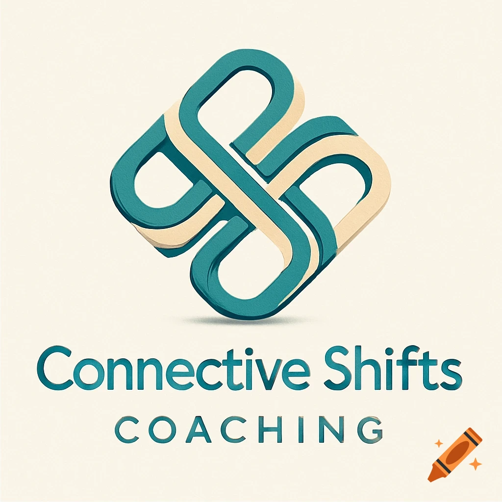 A teal and beige abstract interwoven logo resembling an 'S' shape, with the text 'Connective Shifts COACHING' below it on a light background.