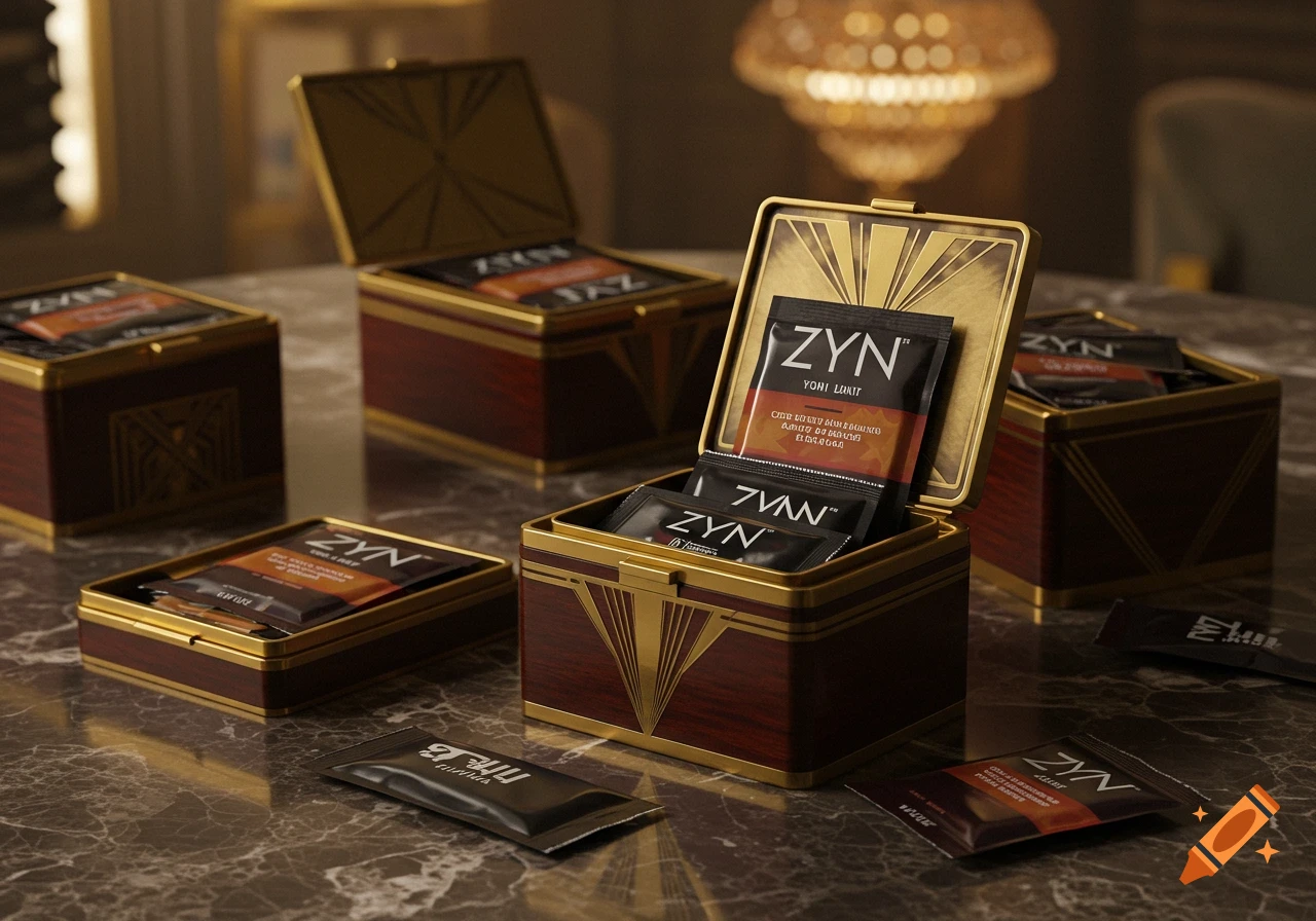 Photorealistic image of Zyn nicotine pouches in several open and closed ornate wooden and gold boxes on a marble table.