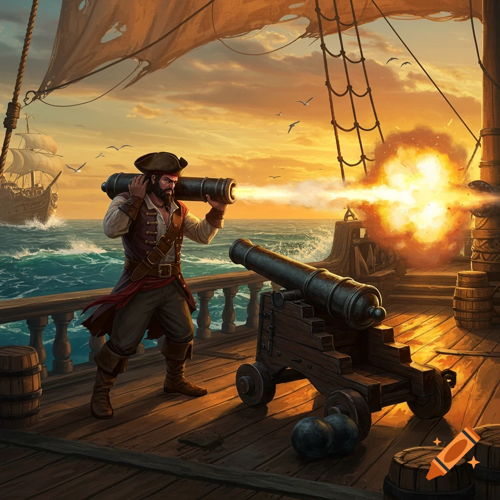 A pirate on a ship fires a cannon, with a large explosion, against a sunset sky with another ship in the background.