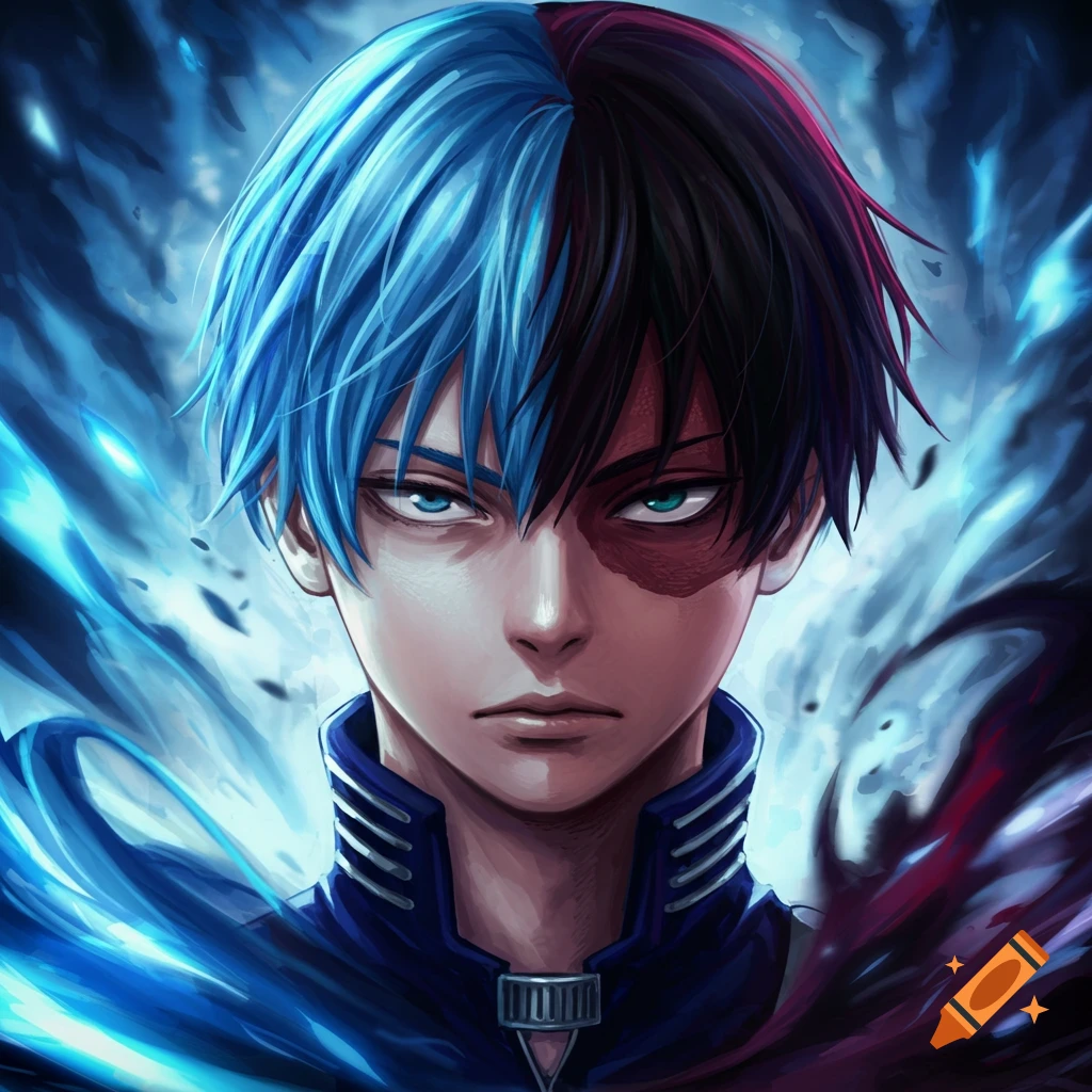 Close-up anime portrait of a young man with half blue, half black hair, a burn scar on his left eye, and glowing aura around him.