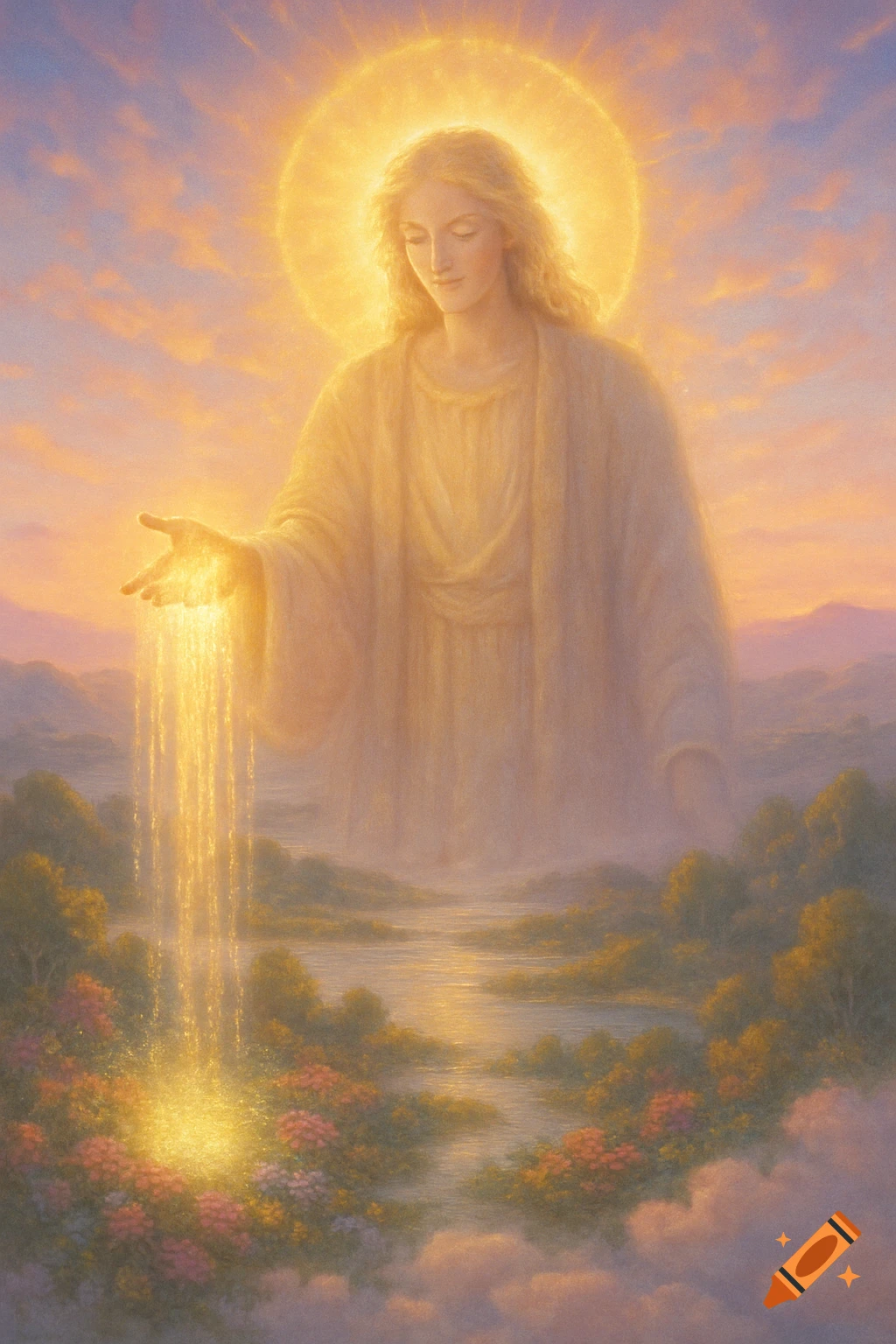 A glowing, ethereal figure with a halo pours golden light onto a verdant landscape with a river and flowers, under a sunset sky.