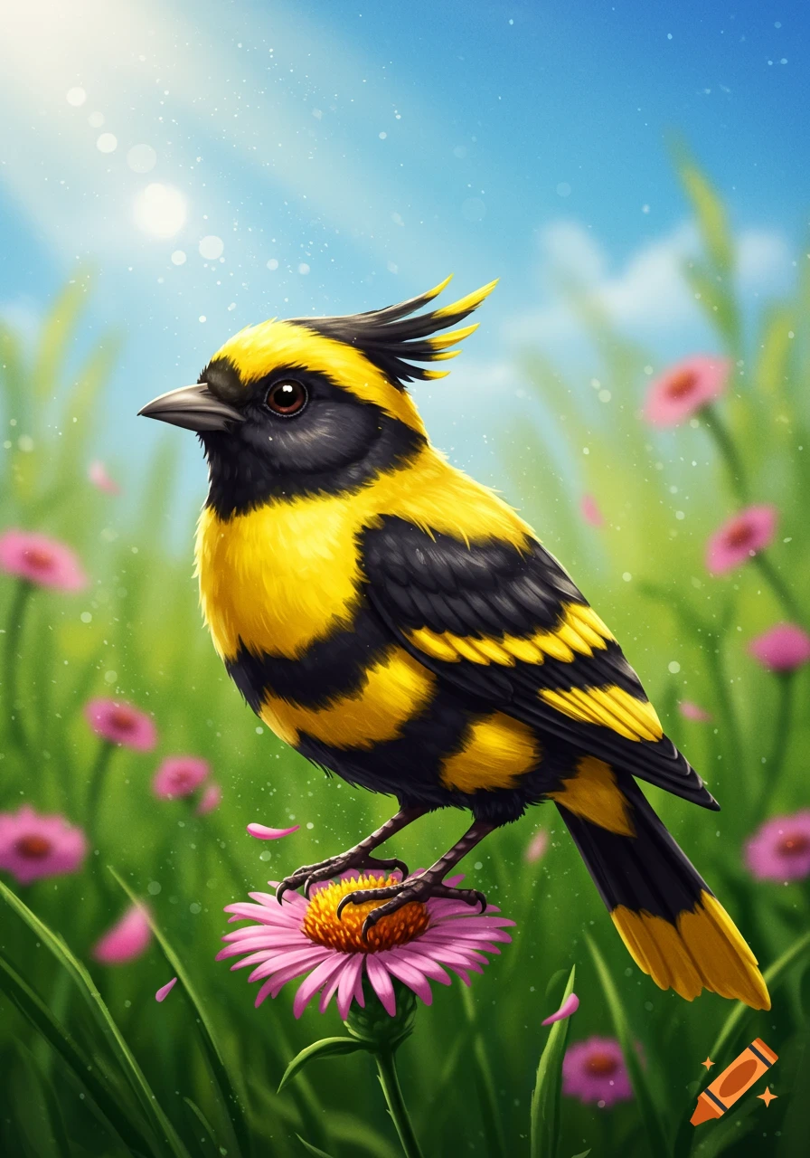A yellow and black striped bird perched on a pink flower in a sunny green field, digital art.