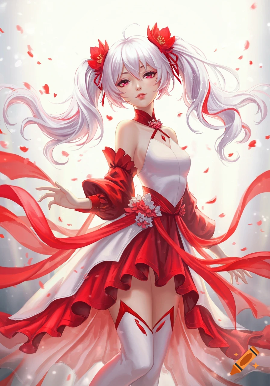 An anime girl with white hair and red streaks, wearing a flowing red and white dress, stands amidst falling red petals in a bright ethereal setting.
