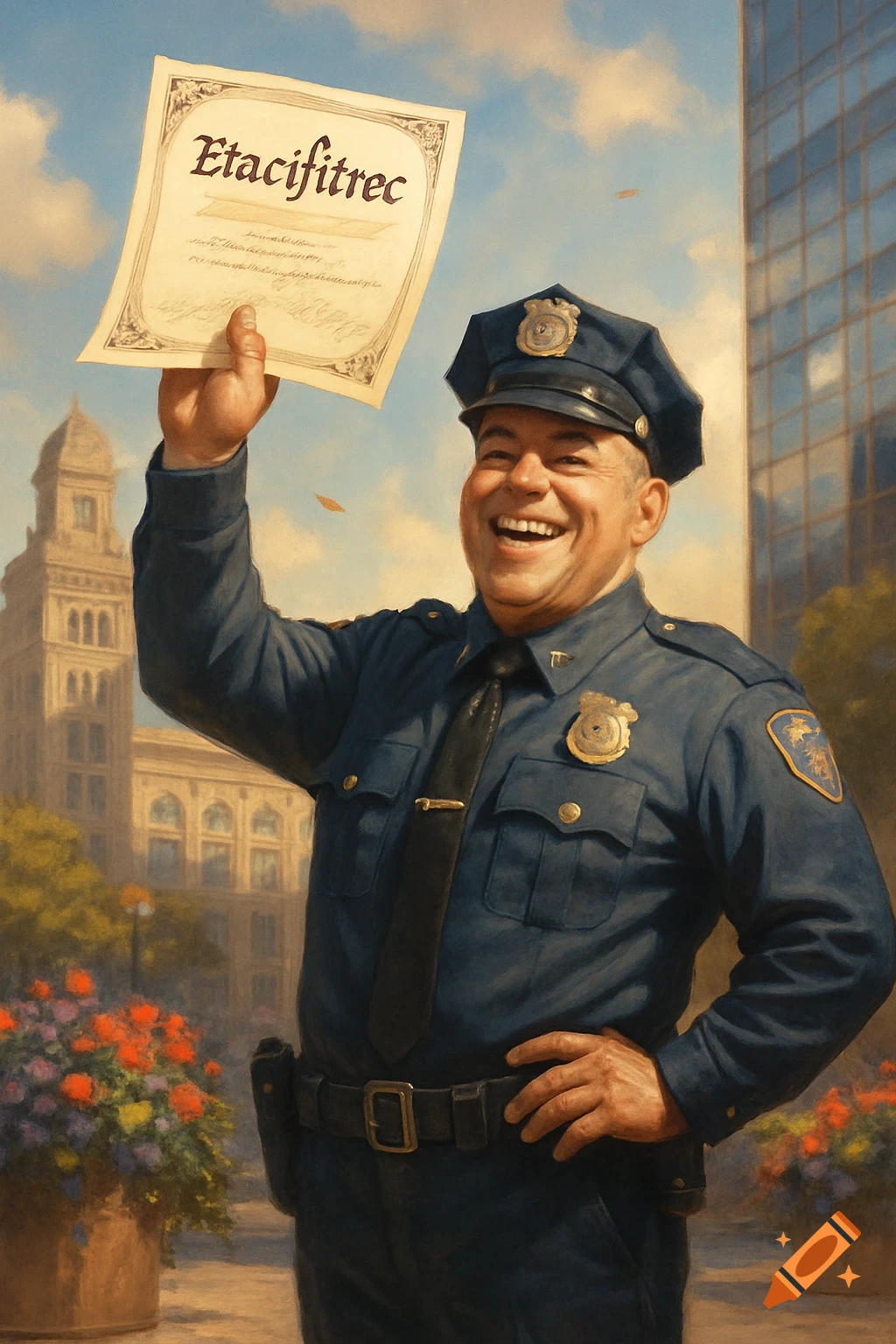 A smiling police officer in uniform proudly holds up a certificate with backwards text, standing in a city setting. Painting style.