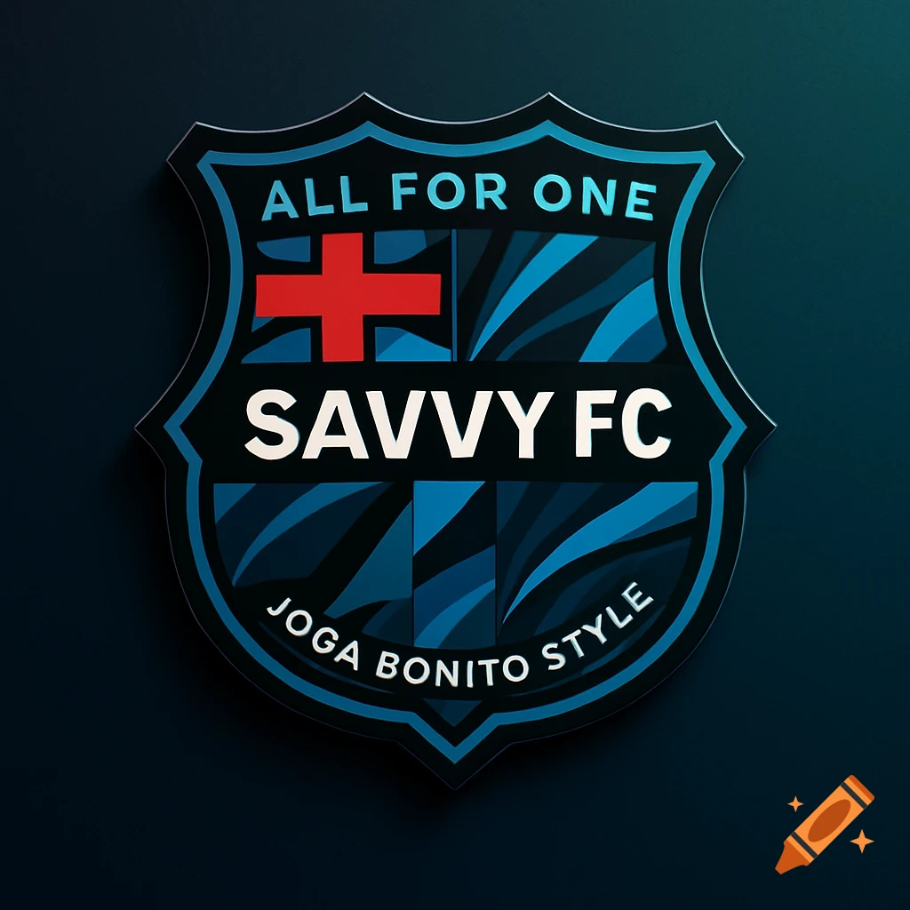 A stylized football club crest with a blue and black striped background, a red cross, and text that reads "ALL FOR ONE", "SAVVY FC", and "JOGA BONITO STYLE" in white.