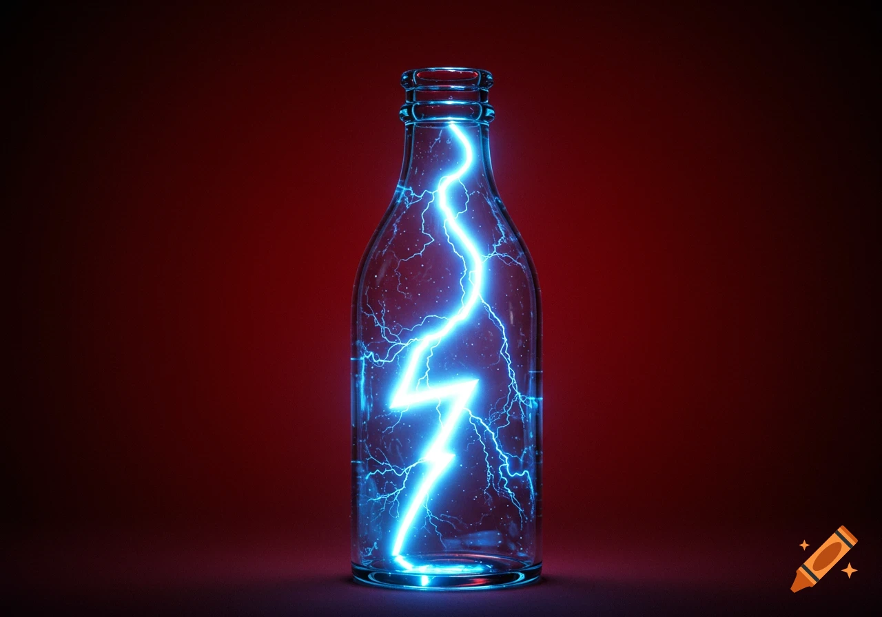 A blue lightning bolt crackles inside a clear glass bottle against a red background.