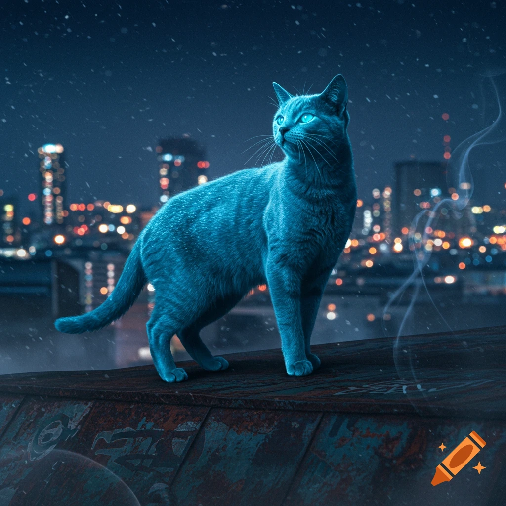 A glowing blue cat with bright eyes stands on a dark rooftop overlooking a blurred city skyline at night.