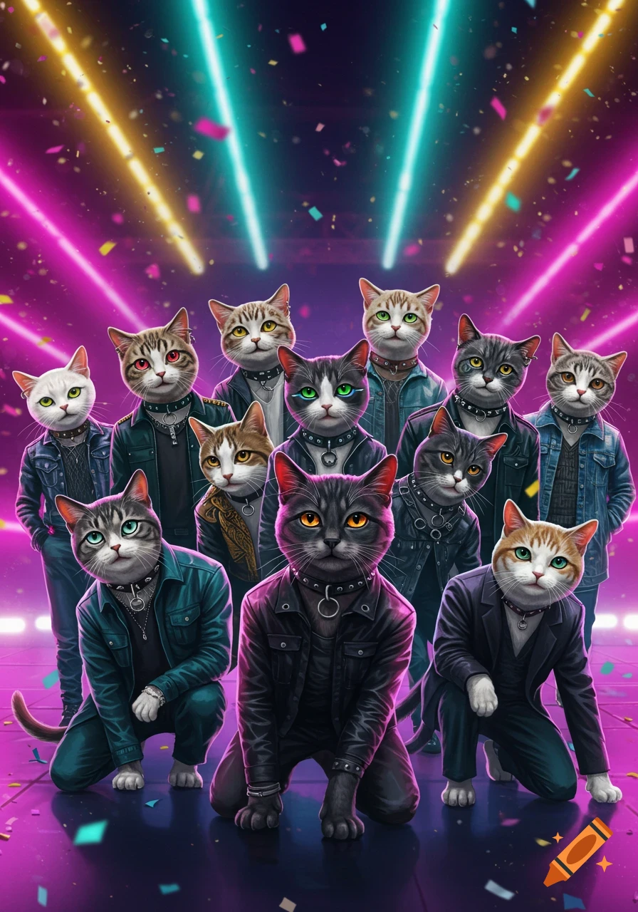 Thirteen anthropomorphic cats dressed in stylish outfits pose as a K-Pop boyband on a vibrant stage with neon lights and confetti.