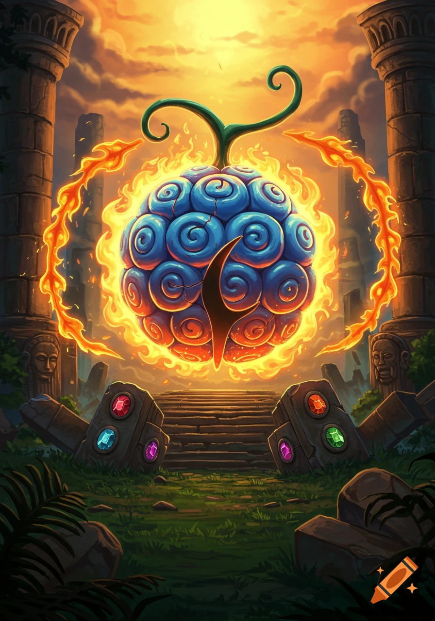A glowing blue Phoenix Devil Fruit surrounded by fire, set against ancient ruins under a dramatic orange sky. Stylized illustration.
