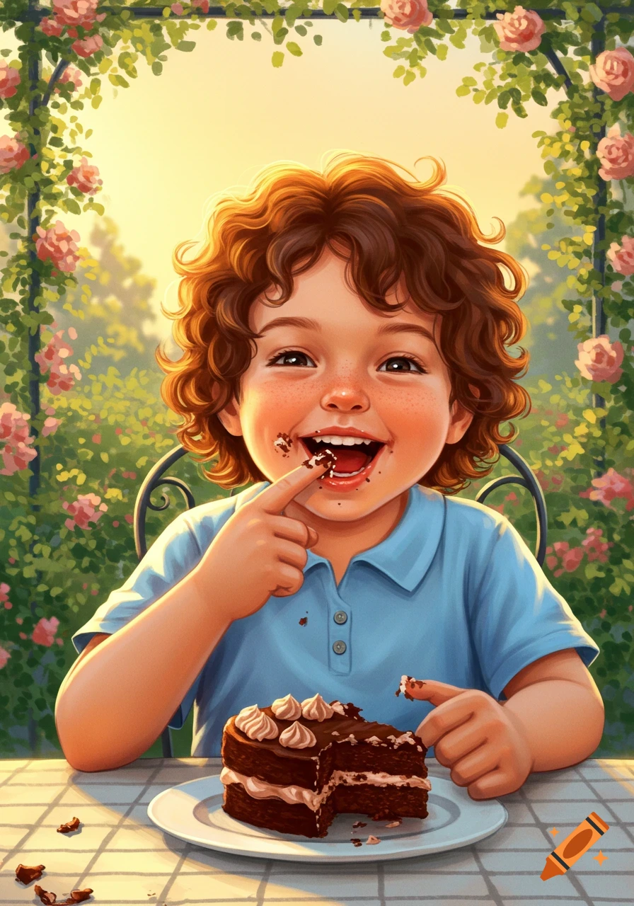 A happy, curly-haired boy messily eats a chocolate cake with his finger, smiling in a sunny rose garden. Colorful illustration.